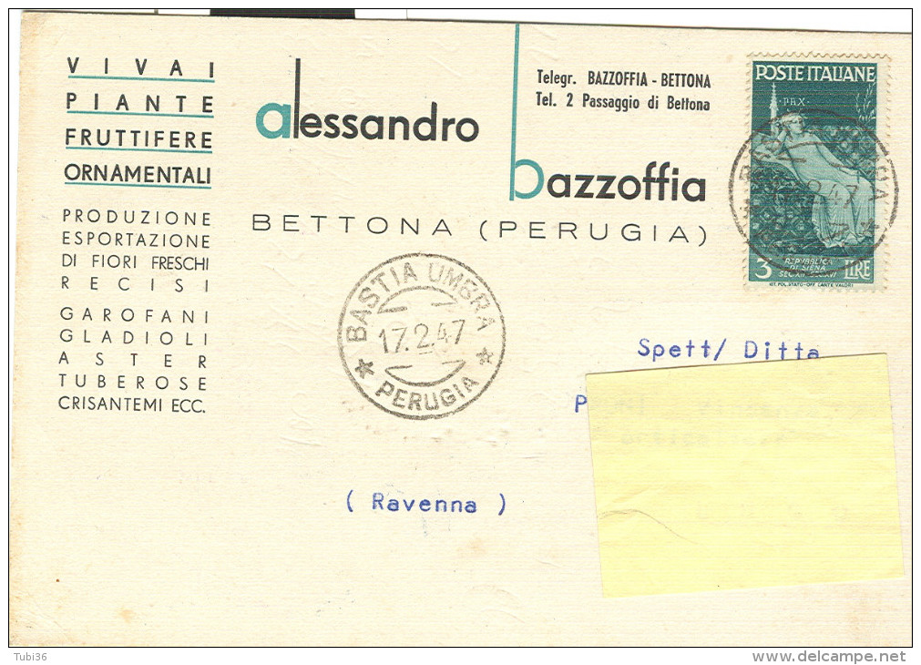 BAZZOFFIA ALESSANDRO,VIVAI-PIANTE,BETTONA,PERUGIA, CARTOLINA  VIAGGIATA 1947,POSTE BASTIA UMBRA,MARINARE £.3, - Perugia