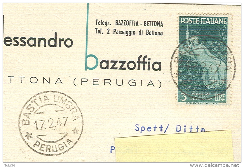 BAZZOFFIA ALESSANDRO,VIVAI-PIANTE,BETTONA,PERUGIA, CARTOLINA  VIAGGIATA 1947,POSTE BASTIA UMBRA,MARINARE £.3, - Perugia