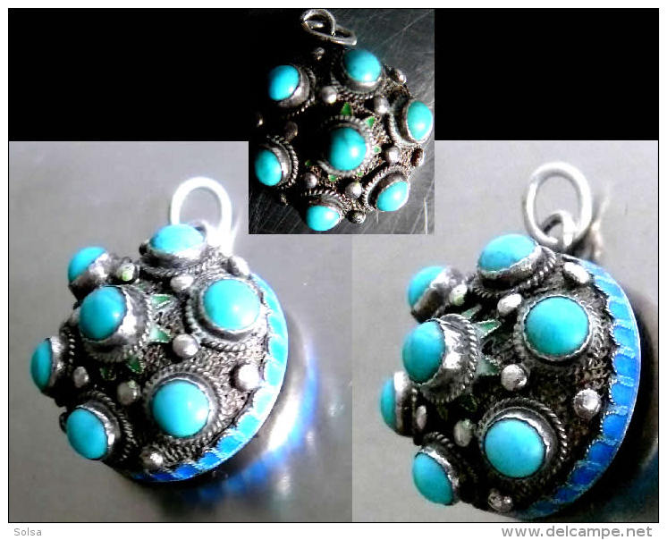 Pendant Mongol XIXème /  Old Mongolian Silver And Turquoise Pendant - Pendentifs