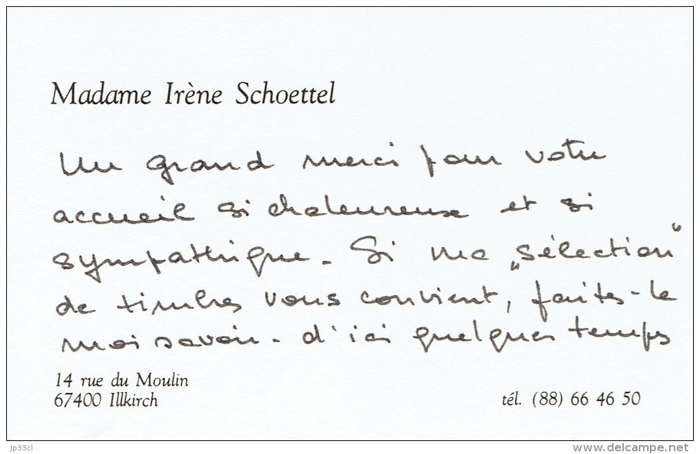 Ancienne Carte De Visite De Mme Irène Schoettel, Rue Du Moulin 67400 Illkirch (vers 1985) - Visitenkarten