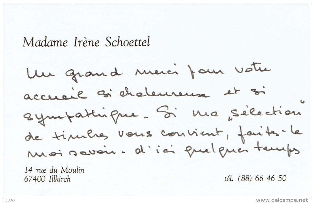 Ancienne Carte De Visite De Mme Irène Schoettel, Rue Du Moulin 67400 Illkirch (vers 1985) - Cartes De Visite