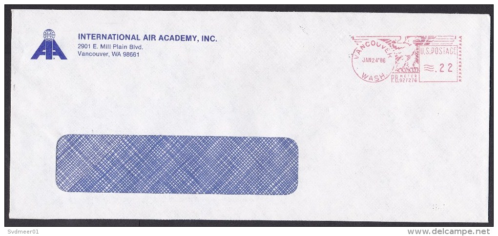 USA: Window Cover, 1986, Red Meter Cancel, From International Air Academy Vancouver (traces Of Use) - Brieven En Documenten