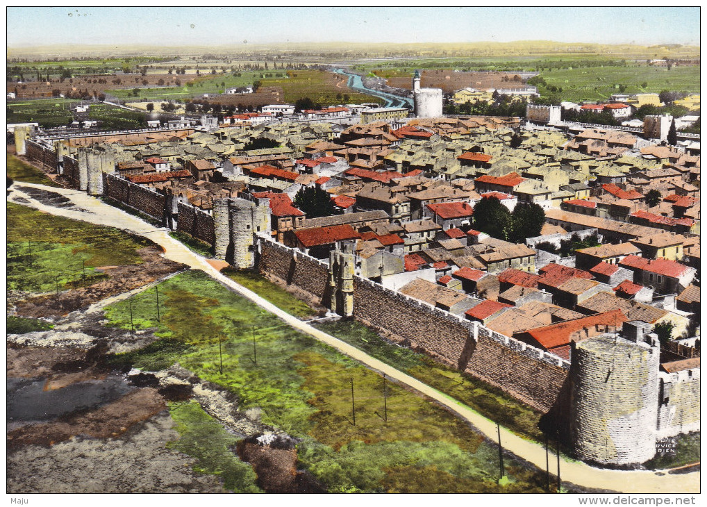 CPSM  AIGUES MORTES En Avion Au Dessus... Les Remparts Cote Sud   SCANS RECTO VERSO - Aigues-Mortes