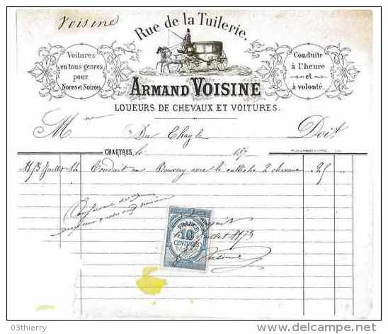 FACTURE LOUEURS DE CHEVAUX ET VOITURES 1879 ARMAND VOISINE 28 CHARTRES - Autres & Non Classés