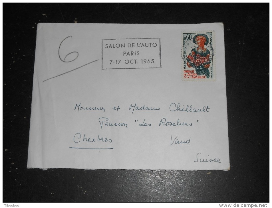 PARIS VII RUE CLER - FLAMME SALON AUTO 1965 SUR YT 1449 ACCUEIL AMABILITE - Mechanical Postmarks (Advertisement)