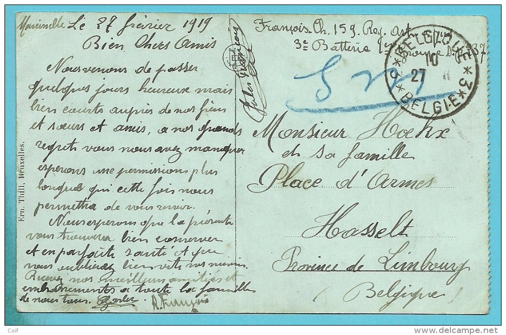 Kaart (geschreven Vanuit Marcinelle) Met Stempel BELGIQUE / BELGIE 3 (noodstempel) - Fortune Cancels (1919)