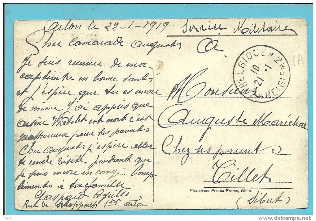 Kaart (ARLON - La Gare) Met Stempel BELGIQUE / BELGIE 2 (noodstempel) - Fortune Cancels (1919)