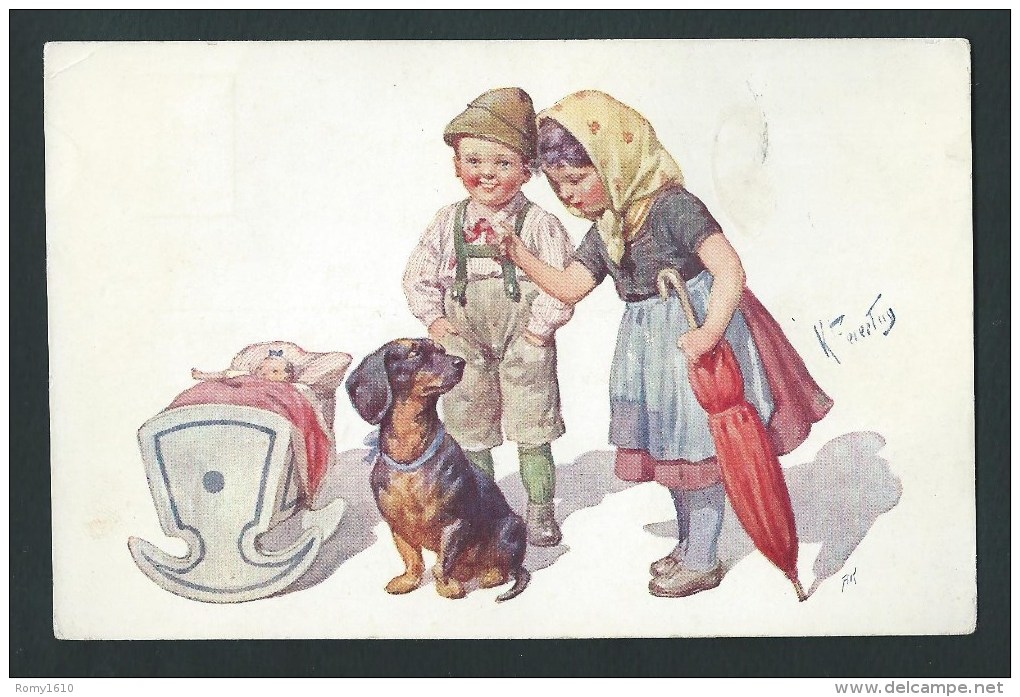 K.Feiertag. Lithographie. Couple D'enfants Avec Chien Teckel. Berceau Et Poupée.B.K.W.I N°940/6 - Feiertag, Karl