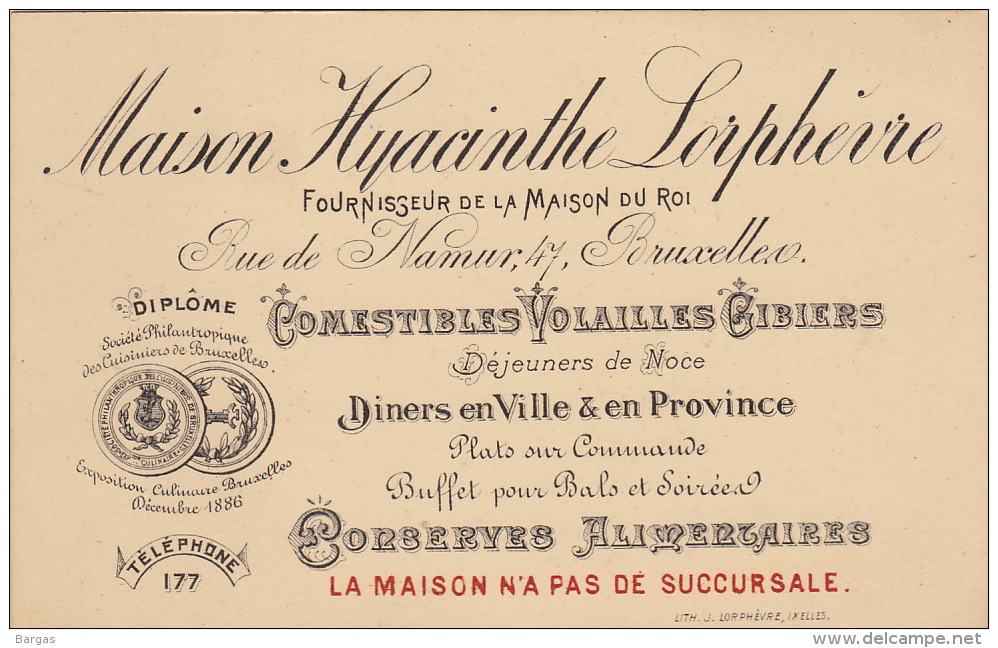 Carte De Visite Hyacinthe Lorphèvre Menu Diner Traiteur Rue De Namur Bruxelles - ... - 1799