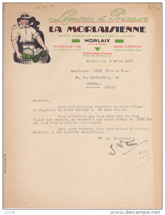 Facture La Morlaisienne à Morlaix Légumes Et Primeurs - 1900 – 1949