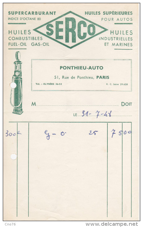 Facture SERCO Ponthieu Auto à Paris Supercarburant Huiles - 1900 – 1949