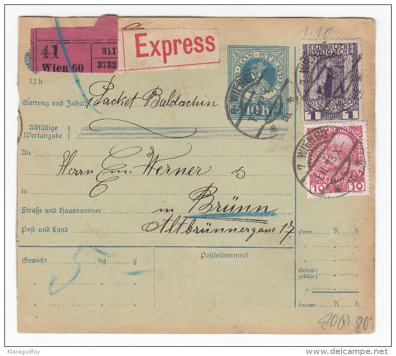 Austria Parcel Card 1913 Wien To Brunn Bb160222 - Altri & Non Classificati