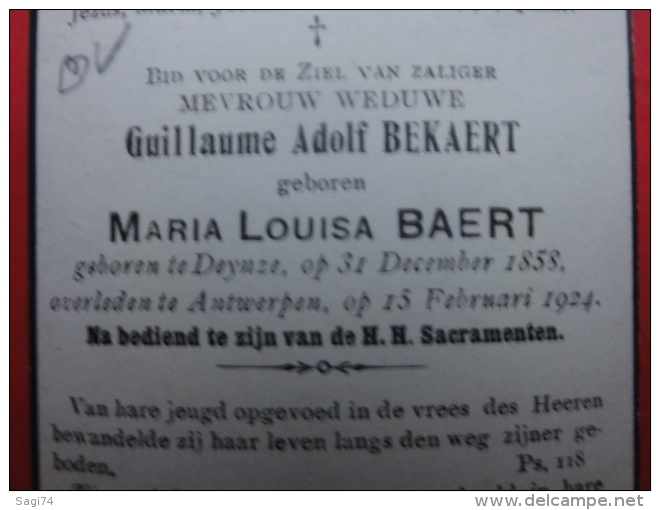 Doodsprentje Deinze, Maria Baert,  Geboren 1858, Overleden Te Antwerpen 1924 - Imágenes Religiosas