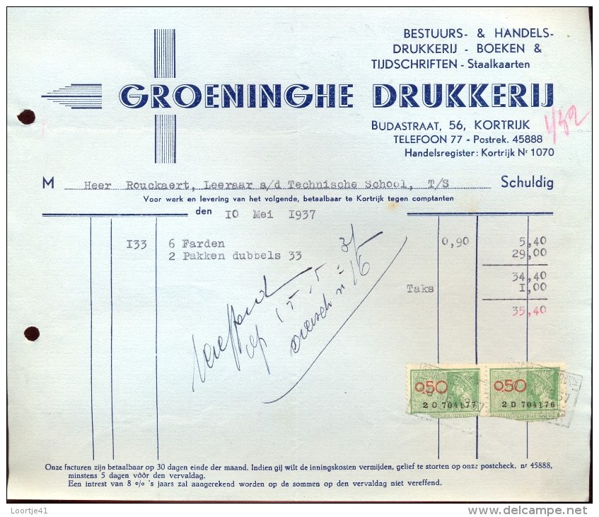 Factuur Facture - Groeninghe Drukkerij - Kortrijk 1937 - Printing & Stationeries