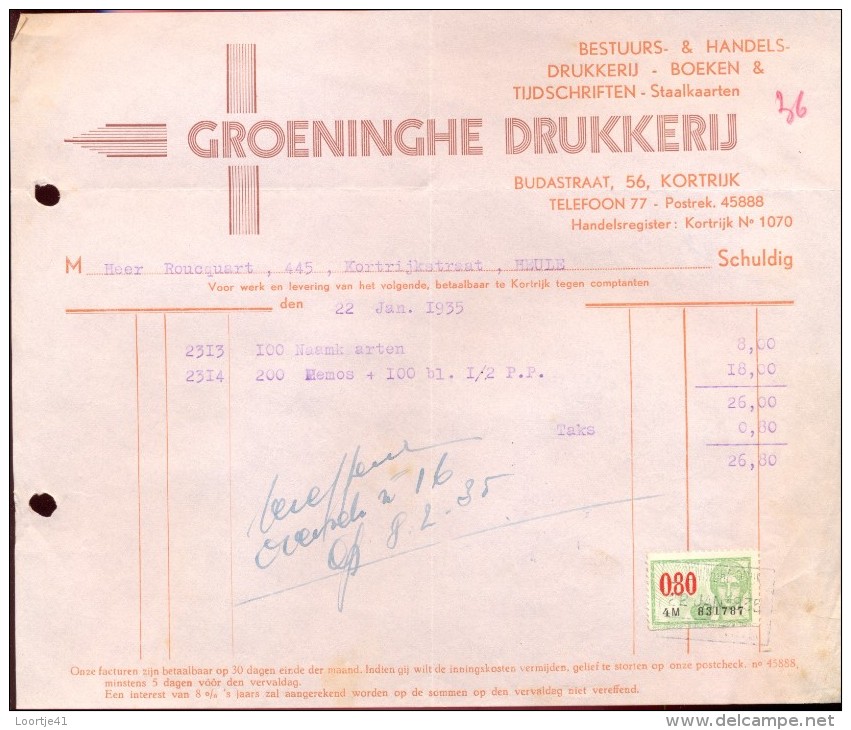 Factuur Facture - Groeninghe Drukkerij - Kortrijk 1935 - Printing & Stationeries