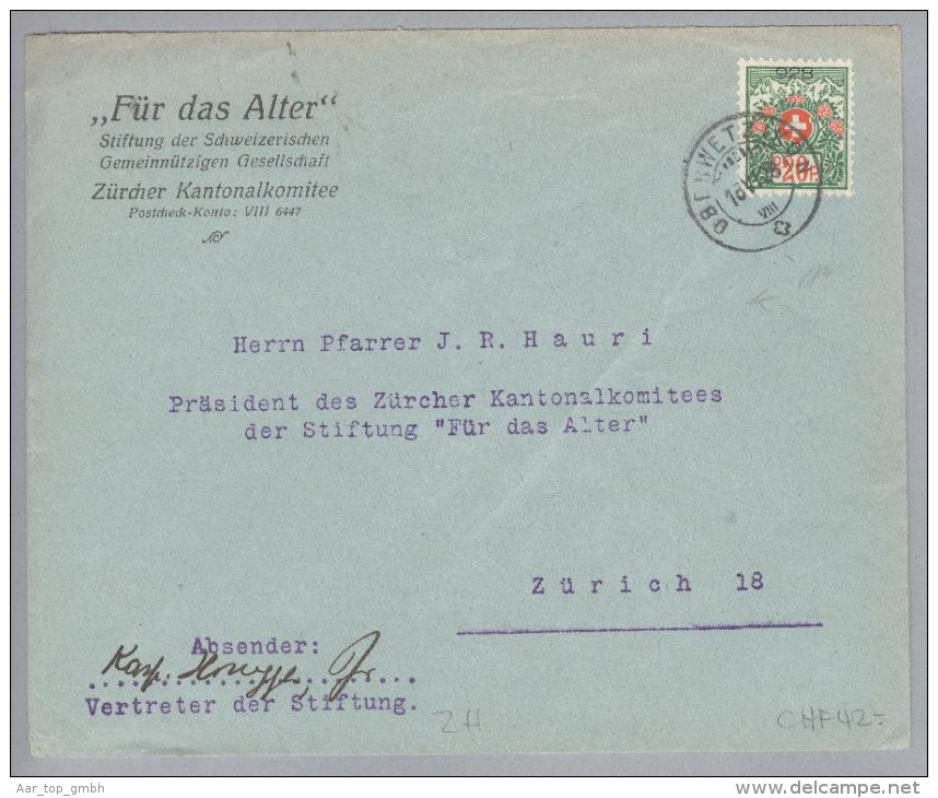 Heimat ZH Oberwetzikon 1928-06-18 Portofreiheit-Brief Gr#928 "Für Das Alter" - Vrijstelling Van Portkosten