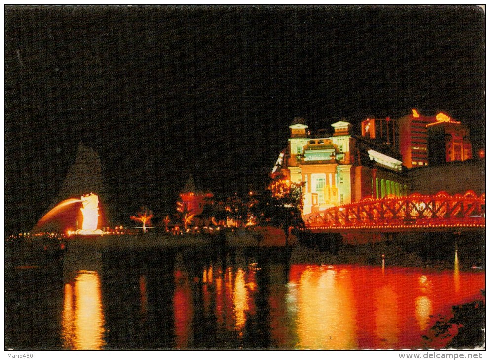 SINGAPORE   ANDERSON  BRIDGE AND THE MERLION BY NIGHT      (VIAGGIATA) - Singapore