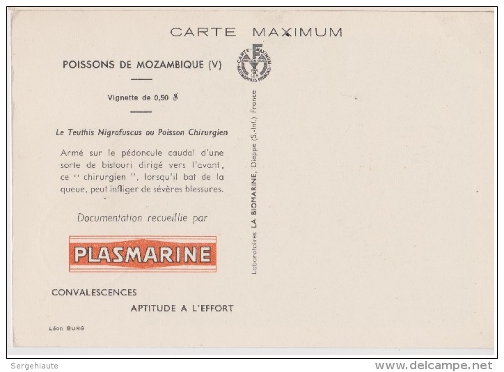 Carte Maximum, Poissons, Plasmarine, Publicité, 1955, Poisson Chirurgien , Timbre,  Mocambique, Teuthis - Mozambique