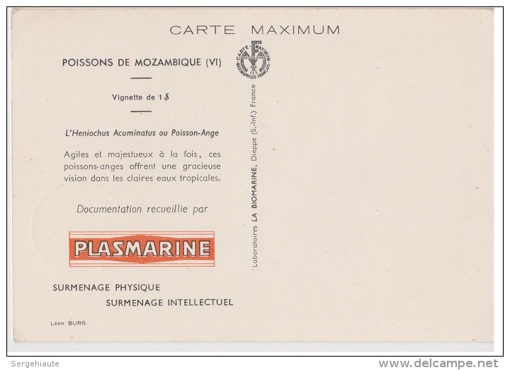 Carte Maximum, Poissons, Plasmarine, Publicité, 1955, Poisson Ange , Timbre, Mocambique, Heniochus Acuminatus. - Mozambique