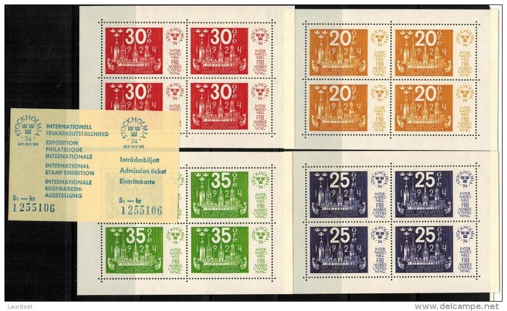 SCHWEDEN Sweden 1974 Philaausstellung Stockholmia Block Mi 2 - 5 + Eintrittskarte Ticket MNH - Ungebraucht