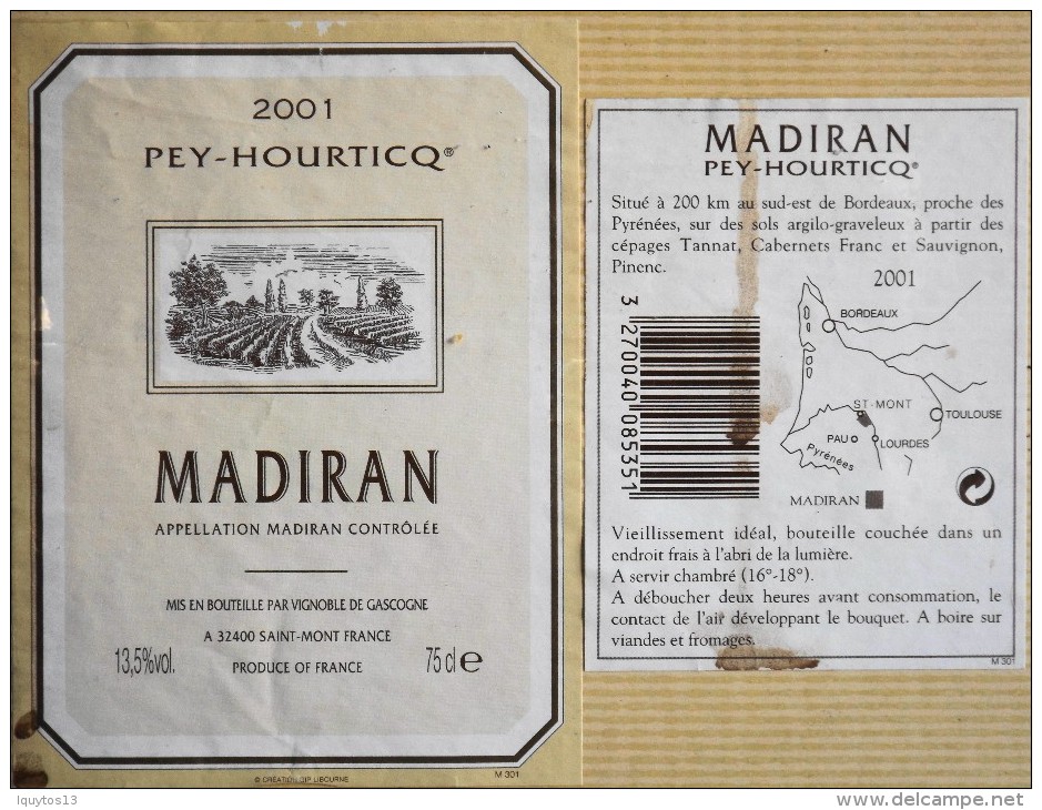 ETIQUETTE De VIN " MADIRAN 2001 " - Pey-Hourticq - Décollée Bon Etat  - - Madiran