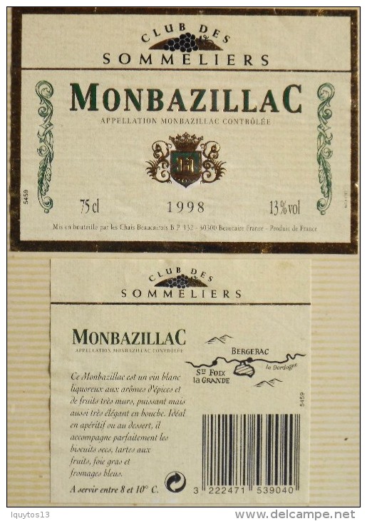 ETIQUETTE De VIN " MONTBAZILLAC 1998 " - Club Des Sommeliers - Décollée Bon Etat  - - Monbazillac