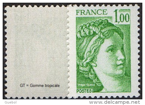 France Sabine De Gandon N° 1973 A ** Variété Le 1.00 Frs Vert Gomme Tropicale - 1977-1981 Sabine (Gandon)