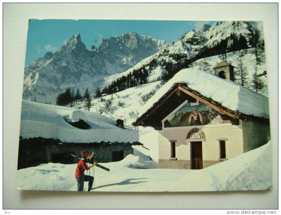 COURMAYEUR CAPPELLA DI ENTREVES SFONDO MONTE BIANCO SCI SKI  D'AOSTA    VIAGGIATA COME DA FOTO - Bolzano