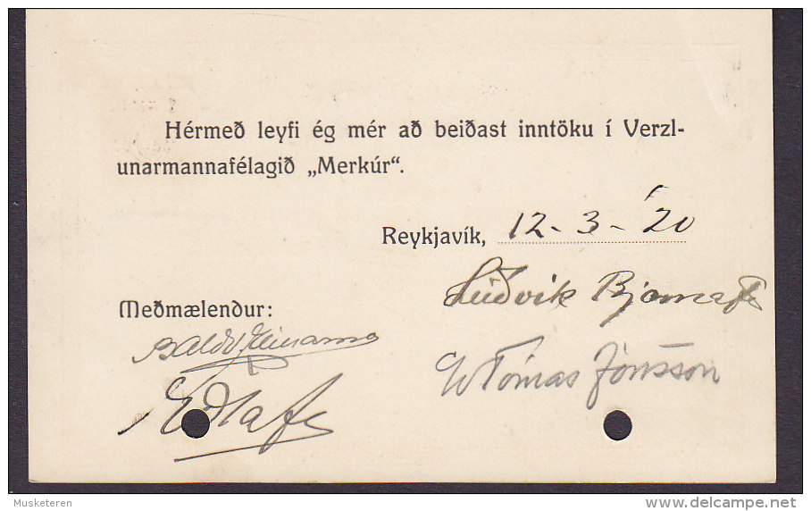Iceland Postal Stationery Ganzsache Entier 5 Aur PRIVATE Print 'MERKÚR', REYKJAVIK 1920 (2 Scans) - Enteros Postales