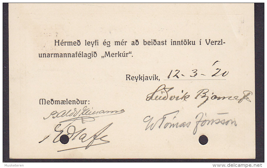 Iceland Postal Stationery Ganzsache Entier 5 Aur PRIVATE Print 'MERKÚR', REYKJAVIK 1920 (2 Scans) - Postal Stationery