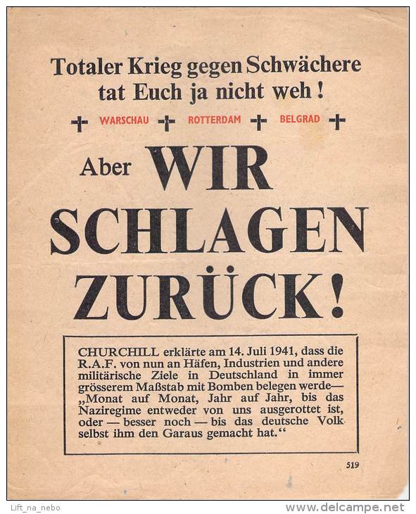 WWII WW2 Propaganda Tract Leaflet Flugblatt, 519, Aber WIR SCHLAGEN ZURUCK!, FREE SHIPPING WORLDWIDE - Unclassified