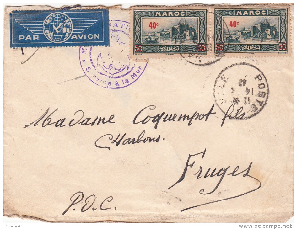 1940 MAROC LETTRE. PAR AVION. POSTE NAVALE. MARINE NATIONALE. SERVICE A LA MER. POUR FRUGES PAS DE CALAIS / 6974 - Posta Marittima