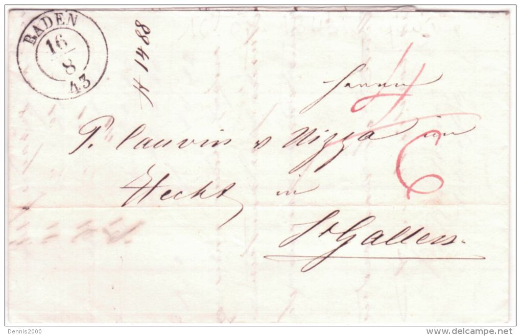 1843- Letter From BADEN  To St GALLEN ( Suisse ) Taxe 4 / 6  Red - Préphilatélie