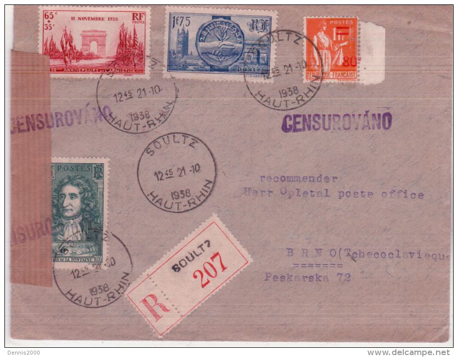 Octobre 1938- Enveloppe RECC. De SOULTZ ( Ht Rhin ) Pour Brno En Tchecoslovaquie  - "CENSUROVANO" + Bande Kraft - 1921-1960: Moderne