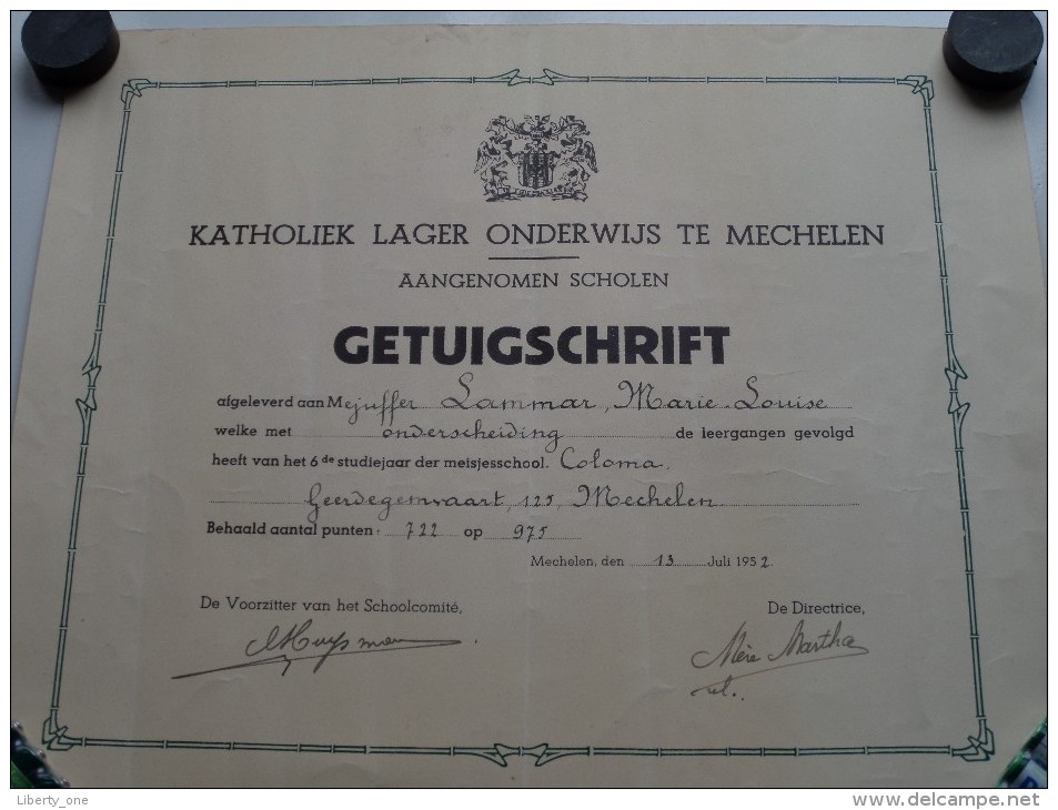 Katholiek Lager Onderwijs MECHELEN Getuigschrift ( Lammar Marie-Louise ) Anno 1952 ( Details Zie Foto ) ! - Diplômes & Bulletins Scolaires