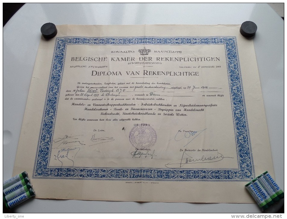 Belgische Kamer Der Rekenplichtige DIPLOMA Antwerpen ( Voet Lodewijk ) Anno 1946 ( Details Zie Foto ) ! - Diplômes & Bulletins Scolaires