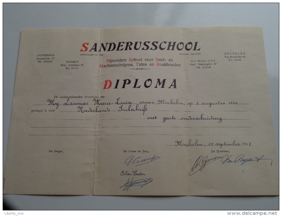 SANDERUSSCHOOL ( LAMMAR Marie-Louise ) DIPLOMA Mechelen Snelschrift Anno 1957 ( Details Zie Foto ) ! - Diplome Und Schulzeugnisse