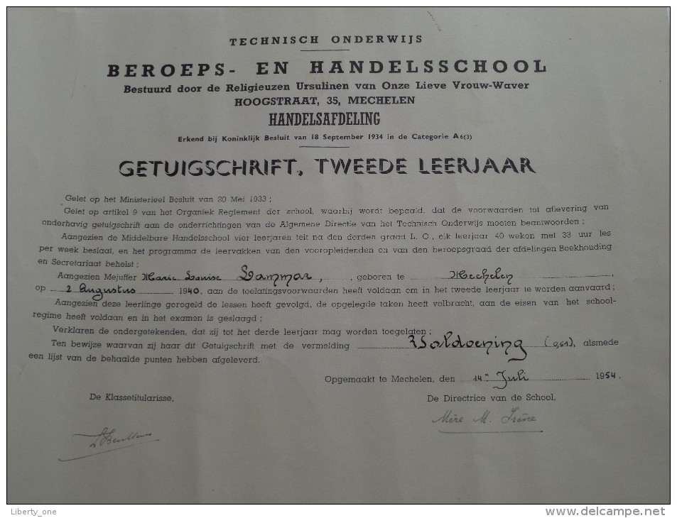 BEROEPS- En HANDELSSCHOOL ( LAMMAR Marie-Louise ) Getuigschrift Mechelen Anno 1954 ( Details Zie Foto ) ! - Diplômes & Bulletins Scolaires