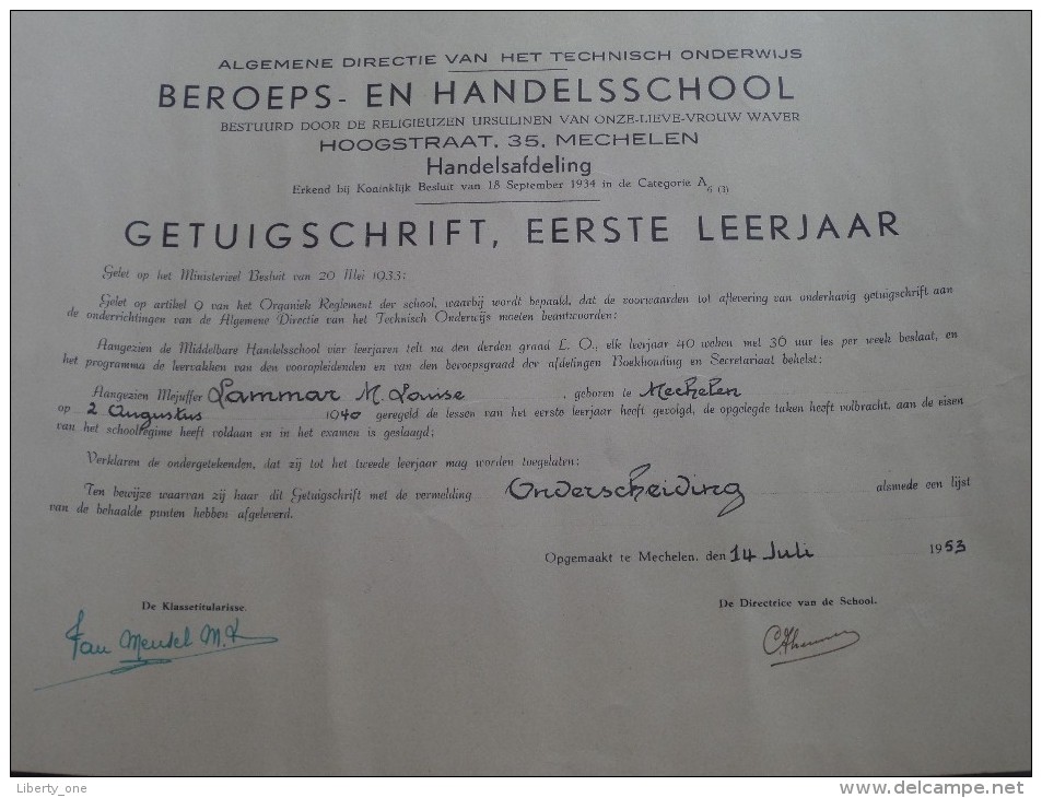 BEROEPS- En HANDELSSCHOOL ( LAMMAR Marie-Louise ) Getuigschrift Mechelen Anno 1953 ( Details Zie Foto ) ! - Diplômes & Bulletins Scolaires