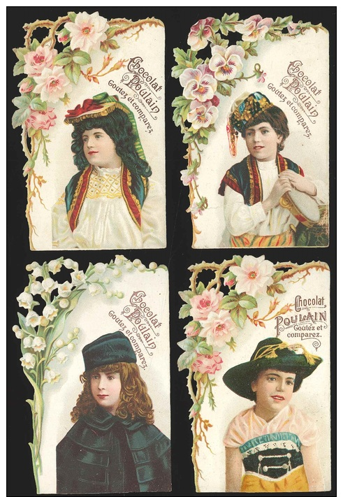 4 Chromos En Relief Chocolat Poulain - Fleurs Et Portraits De Jeunes Filles En Costumes - Poulain