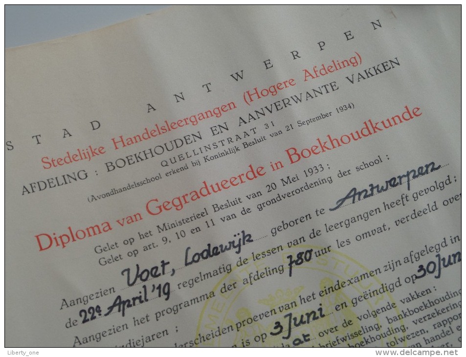 Stedelijke HANDELSLEERGANGEN ( VOET Lodewijk ) DIPLOMA Antwerpen Anno 1948 ( Details Zie Foto ) ! - Diplômes & Bulletins Scolaires