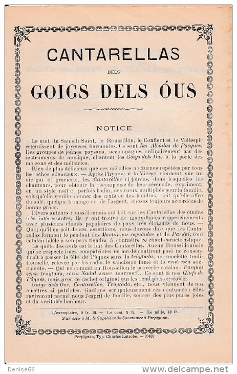 (1898) CANTARELLAS Dels GOIGS DELS OUS (des Oeufs De Pâques) - Chant Religieux Catalan Avec Notice, Paroles & Musique - Documents Historiques