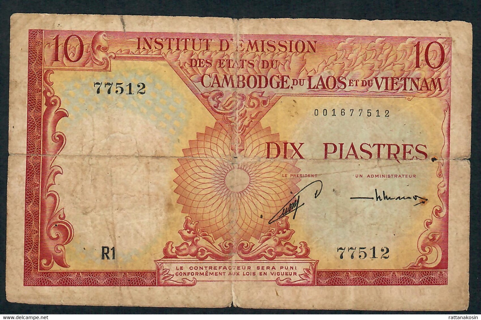 FRENCH INDOCHINA  P96a 10 PIASTRES 1953  Signature 17 Rare  FINE - Indocina