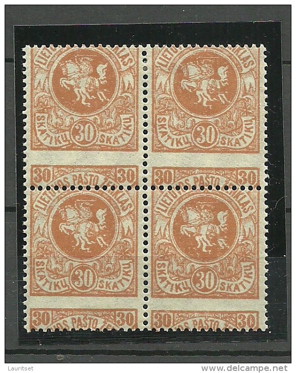 LITAUEN Lithuania 1919 Michel 53 In 4-block + Perforation ERROR Variety MNH/MH - Lithuania