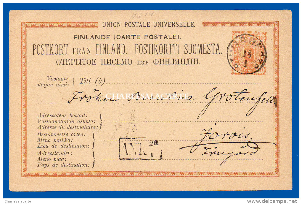 FINLAND 1881 PREPAID CARD 10 PENNI YELLOW BROWN H & G 16 USED 1882 TO JOROIS ARRIVAL MARK VERY GOOD CONDITION - Enteros Postales