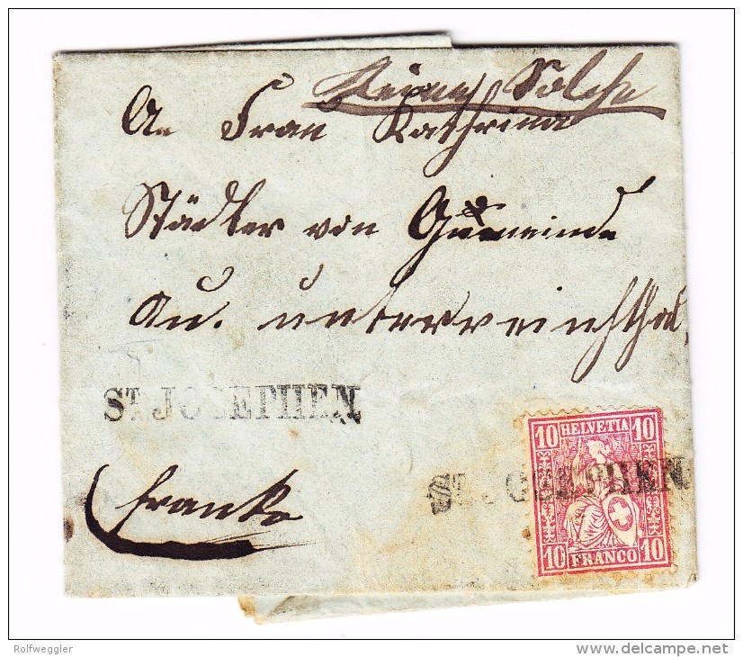 Heimat SG  St Josephen Stabstempel Mit 10Rp. Sitzende Helvetia Auf Brief Mit AK- Fingerhut Stempel AU 14.7.1868 - Briefe U. Dokumente