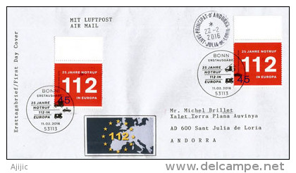 112 (numéro D'appel D'urgence) De L’Union Européenne (25 Ième Anniversaire), Lettre FDC Adressée En Andorre - Secourisme