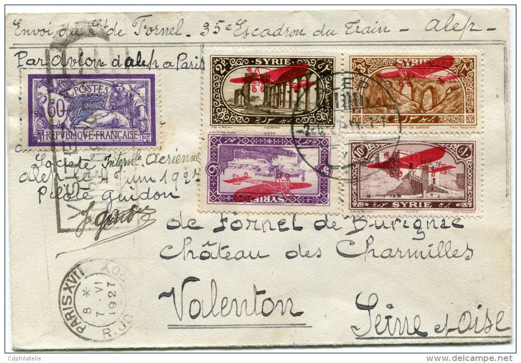 SYRIE LETTRE AFFRANCHISSEMENT MIXTE SYRIE/FRANCE DEPART ALEP 2-6-27 POUR LA FRANCE (signée Par Le Pilote GUIDON) - Covers & Documents