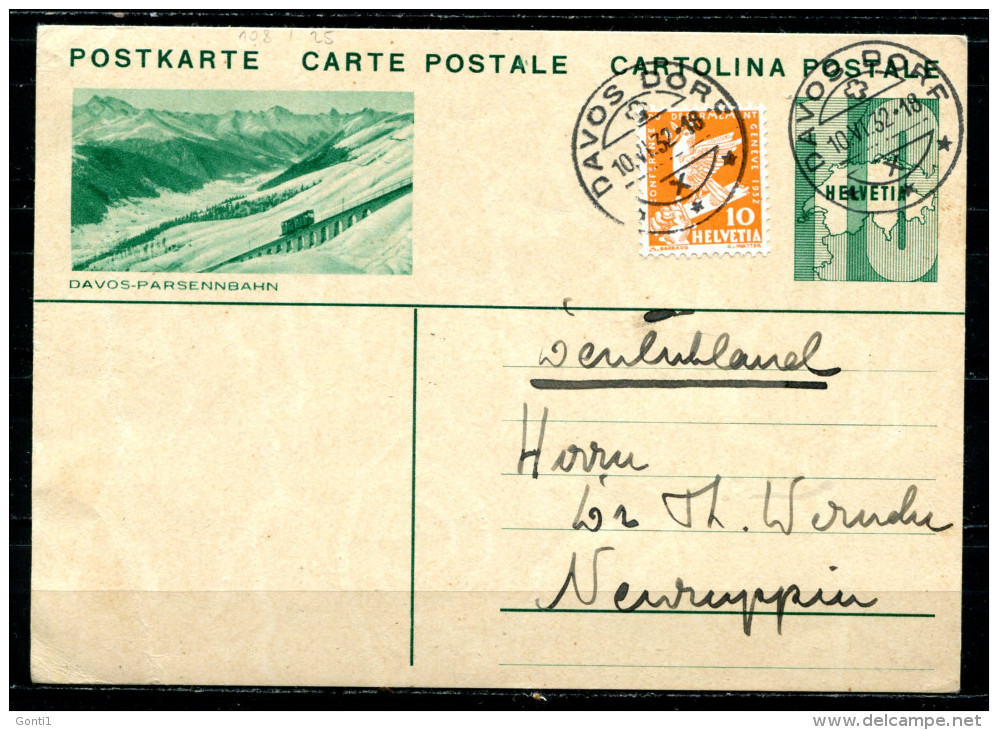 Schweiz 1932 Bildpostkarte Mi.Nr.P152,10 Rappen-mit Zusatzfrankatur,grün"Davos-Parsennbahn"bef."Davos-Germany "1 GS Used - Lettres & Documents