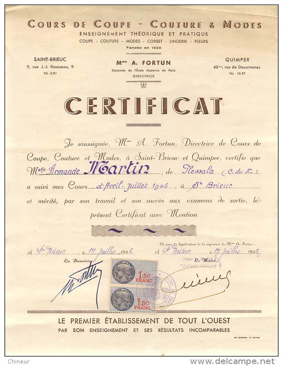 CERTIFICAT  DE COUTURE ET MODES 1946 ENSEIGNEMENT Mme A.FORTUN A SAINT BRIEUC ET QUIMPER - Diploma's En Schoolrapporten